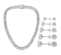 Batiyeer 6 Pcs Hip Hop Cuban Jewelry Set 13mm Diamond Cuban Link Necklace Stud Earrings for Women Men Fake Jewelry Gift, 16 Inch, zinc alloy, stainless steel and rhinestones, zinc alloy, stainless