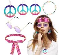 Batiyeer 6 Pcs Hippie Accessories for Women, Boho Peace Sign Earrings 60s 70s Outfits for Women Groovy Party Favor(Purple)