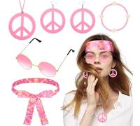 Batiyeer 6 Pcs Hippie Accessories for Women, Boho Peace Sign Earrings 60s 70s Outfits for Women Groovy Party Favor(Pink)