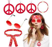 Batiyeer 6 Pcs Hippie Accessories for Women, Boho Peace Sign Earrings 60s 70s Outfits for Women Groovy Party Favor(Red)