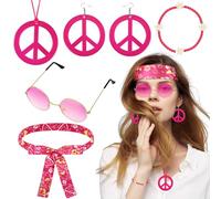 Batiyeer 6 Pcs Hippie Accessories for Women, Boho Peace Sign Earrings 60s 70s Outfits for Women Groovy Party Favor(Rose Red)
