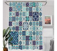 Batmerry Beautiful Fashion Moroccan Decor Shower Curtain,Blue Colored Tiles Portuguese Bathroom Decor Polyester Fiber Plastic Rings Quick-Drying Waterproof for Bathtubs/Bathroom, 72x60 inches