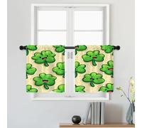 Batmerry Cute Cartoon Four Leaf Clover Tier Curtains, Green Clovers With Faces Playful Festive Pattern Cafe Curtain Short Kitchen Drapes Small Valance For Bathroom, 2 Pack 26X24 Inches
