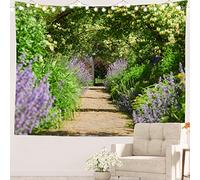 Batmerry Honeysuckle Arches Garden Tapestry, Path Sunny Day English Country Wall Art Hanging Decoration Polyester Fiber White Ruffled Around for Dorm Room Bedroom Living Room, 39.1x59.1 inches