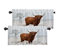 Batmerry Landscape Cow Snow Kitchen Valances Half Window Curtain, Scottish Highland Cow Kitchen Valances for Windows Living Room Bedroom Heat Insulated Valance for Decor Reducing The Light 52x18 Inch