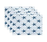 Batmerry Navy Blue Nautical Starfish Placemats,White Grey Coastal Stripes Washable Linen Table Mats for Kitchen Table Double Insulation Decor Dining Set Indoor Outdoor 12X18 in Set of 4