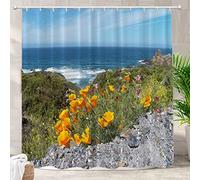 Batmerry Ocean California Decorative Shower Curtain, Poppies Ocean Big California Coast Orange Poppy Cute Long Wide with Rust Proof Grommets for Bathroom Waterproof Washable, 72x72 inches