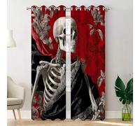 Batmerry Skeleton Black Velvet Bedroom Blackout Curtains, Skeleton In Black Red Background Grommet Long Drapes Thermal Insulated Curtains, Set of 2 Panels, 52x84 inches