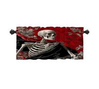 Batmerry Skeleton Black Velvet Thermal Insulated Valances For Windows,Skeleton In Black Red Background Kitchen Curtains And Valances Set Blackout Short Valance For Bathroom, 52X18 Inches