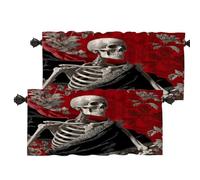 Batmerry Skeleton Black Velvet Thermal Insulated Valances For Windows,Skeleton In Black Red Background Kitchen Curtains And Valances Set Blackout Short Valance For Bathroom, 2 Pack 52X18 Inches