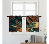 Batmerry Skeleton Librarian Tome Tier Curtains, Haunted Library With Skeleton Cafe Curtain Short Kitchen Drapes Small Valance For Bathroom, 2 Pack 26X24 Inches