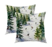 Batmerry Skiing Snowboarding Outdoor Throw Pillow Covers, Forest Winter Primitive Watercolor Ski Indoor Pillows Digital Printing Water Resistant Linen for Couch Sofa Bed Invisible Zipper 26X26 in