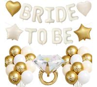 batnite Hen Party Decoration White - Bride to Be Banner Balloons for Bridal Shower, Diamond Ring Heart Gold Star Foil Balloon for Bachelorette Party Wedding Decorations