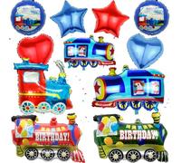 batnite Train Birthday Decoration Steam Train Balloons - 11 Count, Red, Blue, Green Foil Balloons, Happy Birthday, School Bus, Star Love for Boys