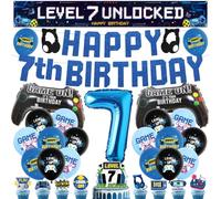 batnite Video Game 7th Birthday Decorations, Blue Gaming Party Decor | Level 7 Unlocked Banner, Cake Topper Number 7 and Controller Foil Balloons for Boys 7 Years Old Party Supplies