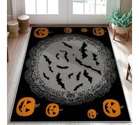 Bats Area Rug, Halloween Gothic Pumpkins Ornamental Frame Halloween Black Non-Slip Backing Doormat Rectangle Print Accents Rug Bathroom Entryway Bedside Doorway Decor 3' x 5'