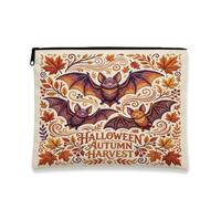 Bats Canvas with Zipper, Fanciful Seasonal Leaves Vines Halloween Orange Canvas with Zipper Small Skincare Bag for Travel, Vanity, Bathroom, Purse Storage and Daily Use, Orange, 7x9 Inch, Whimsical