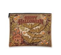 Bats Canvas with Zipper, Festive Playful Castle Candy Corn Halloween Brown Portable with Zipper Small Toiletry Bag for Travel, Purse, Bathroom, Vanity and Daily Storage, Brown, 7x9 Inch, Festive