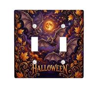 Bats Double Light Switch Cover Plate, Fanciful Festive Leaves Moon Halloween Violet Standard Size Wall Switch Plates Accents for Bedroom Bathroom Kitchen Entrance Decor