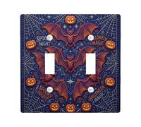 Bats Double Light Switch Cover Plate, Fanciful Festive Pumpkins Spider Webs Halloween Navy Standard Size Toggle Light Switch Cover for Home Living Room Bedroom Bathroom Decor