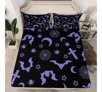 Bats Halloween Decoration Fitted Sheet Black Purple Gothic Halloween Sheets,Halloween Tombstones Bed Sheets Double,Spooky Spiderwebs Bedding Set,Cobwebs Halloween Decorations
