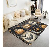 Bats Halloween Decoration Gothic Area Rug 100x150 cm, Black Witch Hat Pumpkin Lantern Rugs for Living Room Spooky Dark Shadows Washable Rug, Stars Moon Spider Web Carpet Indoor Floor Mat