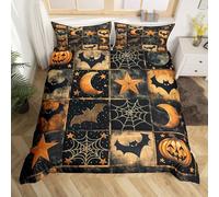Bats Halloween Decoration Gothic Duvet Cover Set Spiderwebs Pumpkin Lantern Super King Bedding Set, Spooky Dark Shadows Comforter Cover Stars Moon Spider Web Bed Sets