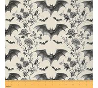 Bats Halloween Decoration Upholstery Fabric for Chairs Gothic Outdoor Fabric by The Yard 36"x63", Boho Vintage Floral Baroque Decor Goth Landscape Fabric