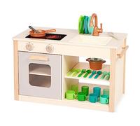 Battat Market, Two n' One Cookin' Fun, Wooden Toy | 2-in-1 kitchen and market with chalkboard, oven dials, sink, dish rack, storage, and accessories for toddlers, 2+ Years