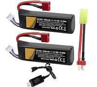 Battery 1800 mAh 30C 11.1 V Lipo Airsoft T Connector with USB Charger T Plug to Mini Tamiya Cable Compatible with Airsoft Gel Rechargeable Batteries for Water Bead Blaster Accessories 2 Pcs