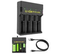 Battery Charger with 4 Slots Ni-MH for AA AAA Rechargeable Batteries 3.7V Individually Charger USB and Type C Input Intelligent LCD Screen for 18650 18500 21700 26650 14500 16340 Batteries Black