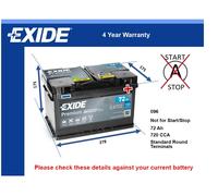 100 Car Battery Exide EA722 12 V 72Ah 720CCA - Bosch S5007 Equivalent