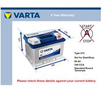Car Battery D59 Varta 075 540A 60Ah 4Yr Warranty 242x175x175 Blue Dynamic