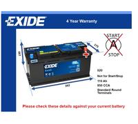 Battery fits AUDI A6 C5, C6, C7 Exide 020 850A 110Ah 4Yr Warranty New