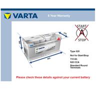 Battery fits AUDI A8 D2, D3, D4 Varta 020 920A 110Ah 5Yr Warranty New