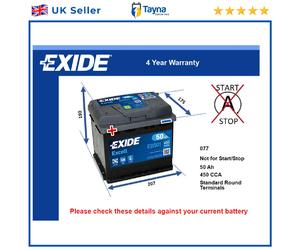 Battery fits AUSTIN MINI MK1, MK2 1.0 1.1 1.3 59 to 91 Exide 077 450A 50Ah New