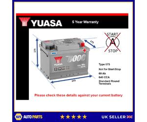 Battery fits BENTLEY ARNAGE CONTINENTAL 4.4 6.0 6.7 98 to 11 Yuasa 075 640A New