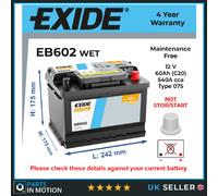 Battery fits CHRYSLER LE BARON PT CRUISER 1.6 2.0 2.4 3.0 90 to 10 Exide 075 New
