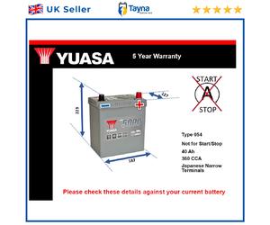Battery fits CITROEN C-ZERO 2010 on Yuasa 054 360A 40Ah 5Yr Warranty Quality New
