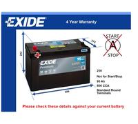Battery fits JEEP LIBERTY 3.7 2.8D 2008 on Exide 250 800A 95Ah 4Yr Warranty New