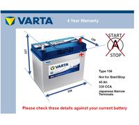 Battery fits HONDA CIVIC Varta 154 330A 45Ah 4Yr Warranty 238x129x227