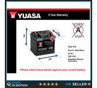 Yuasa YBX1012 12V 45Ah 380CCA Sealed Maintenance Free High Performance Free Car Battery