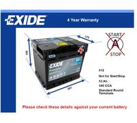 Battery fits HONDA CONCERTO ACCORD CR-V Exide 012 540A 53Ah Quality New