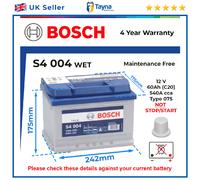 Battery fits NISSAN MICRA NV200 NOTE ALMERA PRIMERA KUBISTAR Bosch 075