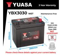 Yuasa YBX3030 12V 72Ah 630CCA Sealed Maintenance Free High Performance Car Battery