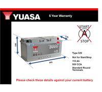 Battery fits OPEL MOVANO 2.3D 2010 on Yuasa 020 950A 110Ah 5Yr Warranty Quality