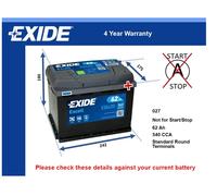 027 Car Battery Exide EB620 12V 62Ah 520CCA - Dynamp DF621 Equivalent