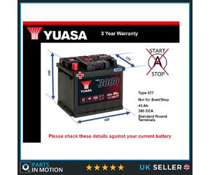 Battery fits PEUGEOT 404 504 1.6 1.8 2.0 2.7 Yuasa 077 380A 45Ah New