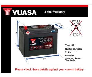 Battery fits RANGE ROVER Mk2 VOGUE Mk1 Yuasa 069 630A 72Ah Quality New