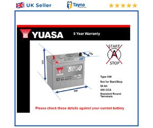 Battery fits RELIANT SCIMITAR 68 to 95 Yuasa 049 450A 50Ah 5Yr Warranty Quality